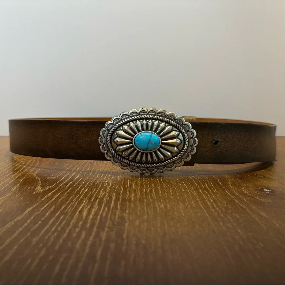 Ariat Western Belt Womens Leather Oval Faux Turquoise Stone Buckle Brown Large - Picture 2 of 7
